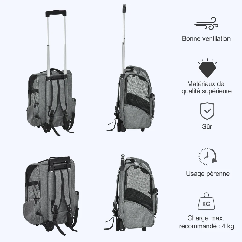 PawHut Sac de transport à roulettes pour chien 2 en 1 trolley chariot sac à dos pour chien chat avec poignée téléscopique, sacs de rangement, aérations, attache de sécurité, 42 x 25 x 55 cm, gris