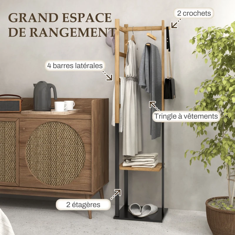 HOMCOM Portant pour vêtements en bambou, Porte-manteau en Bois avec tringle, étagères, patère, 4 barres latérales