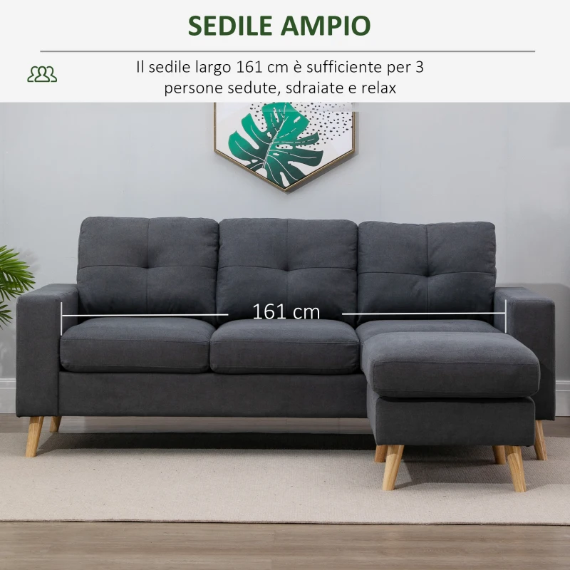 HOMCOM Divano Angolare 3 Posti, Divano ad Angolo con Penisola Reversibile 193x136x85 cm, Divanetto a L Convertibile Moderno con Cuscini Rimovibili in Tessuto Effetto Lino per Salotto e Soggiorno, Grigio