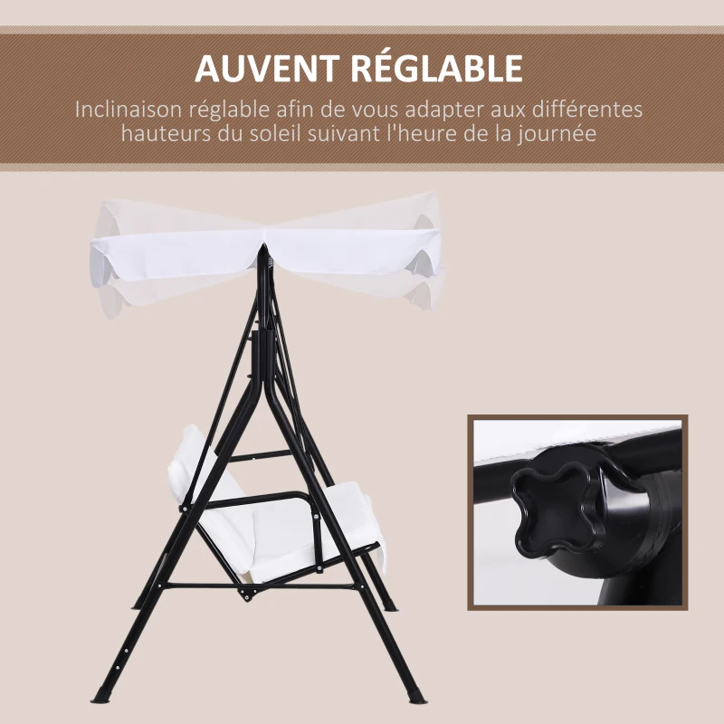 Outsunny Balancelle de Jardin 3 Places Toit Inclinaison réglable Coussins Assise et Dossier 1,72L x 1,1l x 1,52H m Acier Noir Polyester Blanc