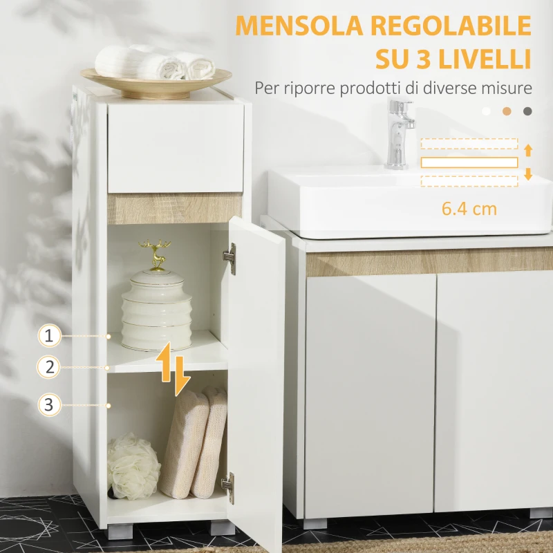 kleankin Mobiletto Bagno con Cassetto e Armadietto con Mensola Regolabile in Legno 30x33x88cm, Bianco
