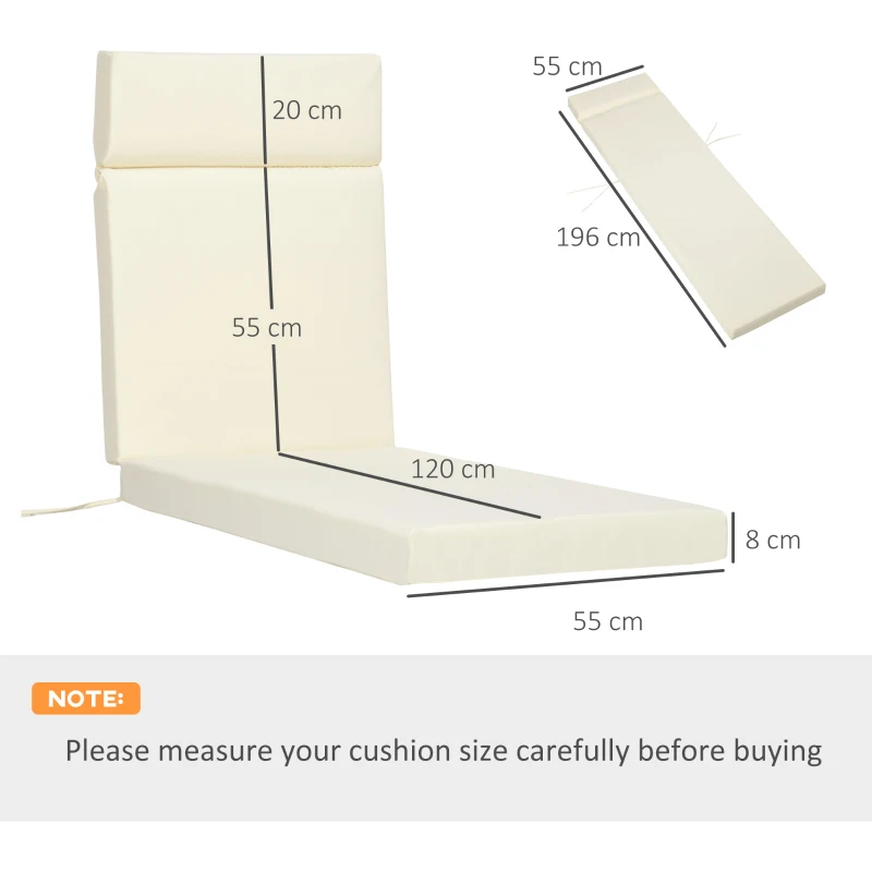 Outsunny Set of 2 Sun Lounger Cushions, Replacement Cushions for Rattan Furniture with Ties, 196 x 55 cm, Cushion ONLY, Cream White