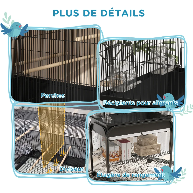 PawHut Grand cage oiseaux cage perroquet avec support roulettes pour cacatoès perruche canaris perroquet 85 x 49 x 119 cm noir