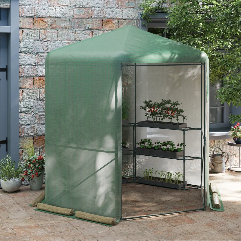 Outsunny Serra da Giardino in PE Anti-UV, 3 Ripiani e Porta Avvolgibile 225x194x215 cm, Verde