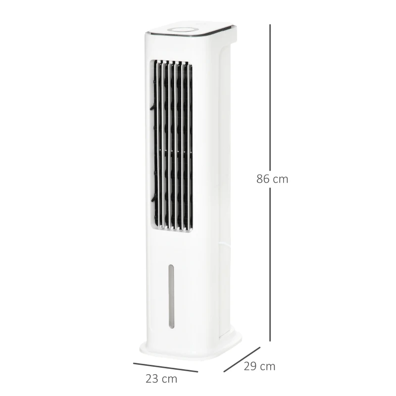 HOMCOM Climatizador Evaporativo Bajo Consumo 75W Altura 86 cm Oscilante con Control Remoto Depósito 5L 3 Modos 3 Velocidades Temporizador 12h y Pantalla LED Táctil 23x29x86 cm Blanco