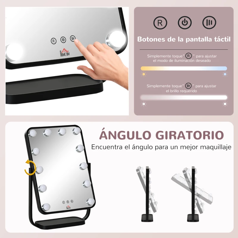 HOMCOM Espejo de Maquillaje con Luz Espejo Hollywood de Mesa con 12 LED 3 Modos y Luz Ajustable Pantalla Táctil y Función de Memoria para Dormitorio Baño 32,8x11x47,4 cm Negro