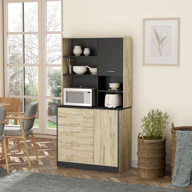 HOMCOM Buffet de cuisine armoire de cuisine multi-rangements 2 portes 3 tiroirs 3 étagères + grand plateau 90L x 39l x 169H cm bicolore chêne clair gris