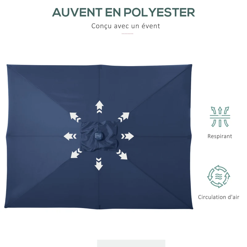 Outsunny Parasol de jardin Parasol droit 3 x 2 m lumineux rectangulaire inclinable avec LED solaire acier polyester haute densité bleu