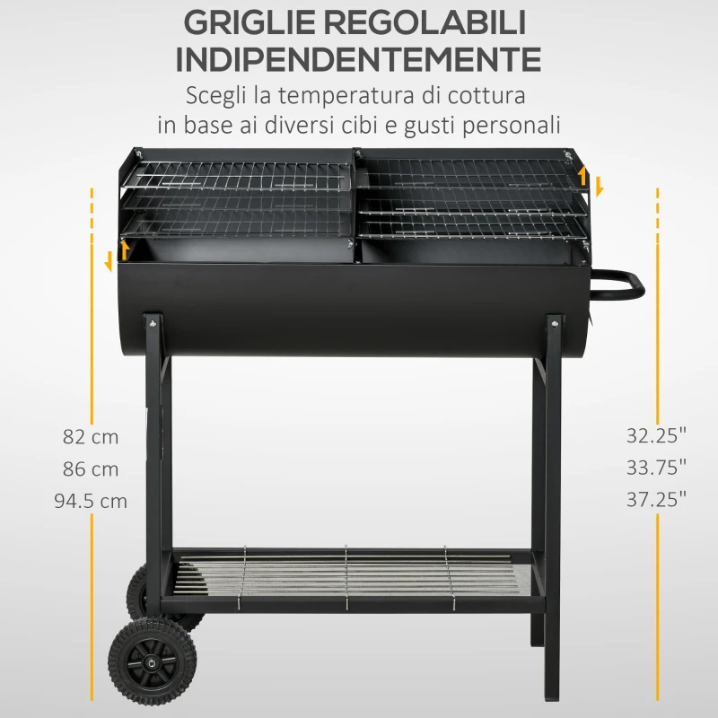 Outsunny Barbecue in Acciaio con 2 Griglie Indipendenti, 2 Ruote e Ripiano Inferiore | Nero | 90cm x 45cm x 96cm