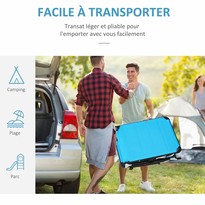 Outsunny Bain de soleil transat pliable grand confort dossier pare-soleil réglables multi-positions aluminium textilène bleu