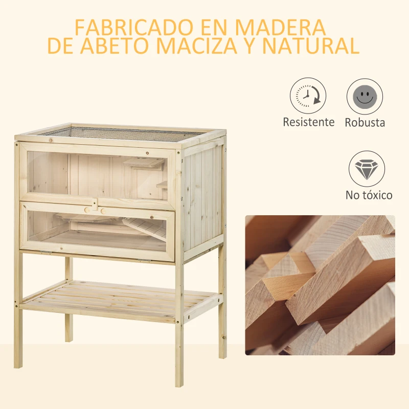 PawHut Jaula de Madera para Hámster Ratones Casa de Juegos con 5 Plataformas Rampa Techo Abatible Ventana Cristal Plástico y Estante Inferior 60x40x80 cm Natural