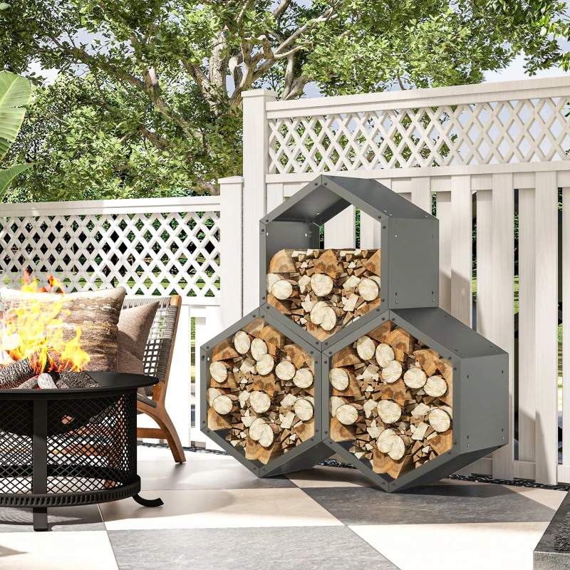 Outsunny Three-Shelf Hexagon Metal Firewood Rack - Grey