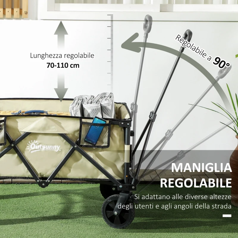 Outsunny Carrello da Giardino Pieghevole da 78L in Acciaio, tessuto Oxford e Plastica, 105x52x70-110 cm, color Kaki