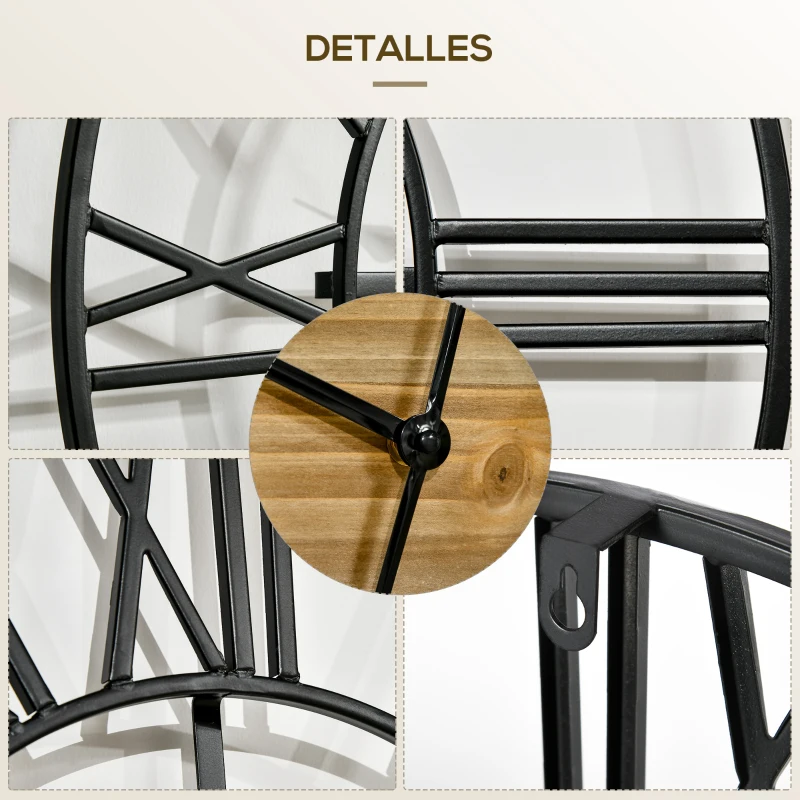 HOMCOM Reloj de Pared Silencioso de Ø60cm Reloj de Pared de Metal y Madera con Números Romanos sin Tictac Estilo Vintage