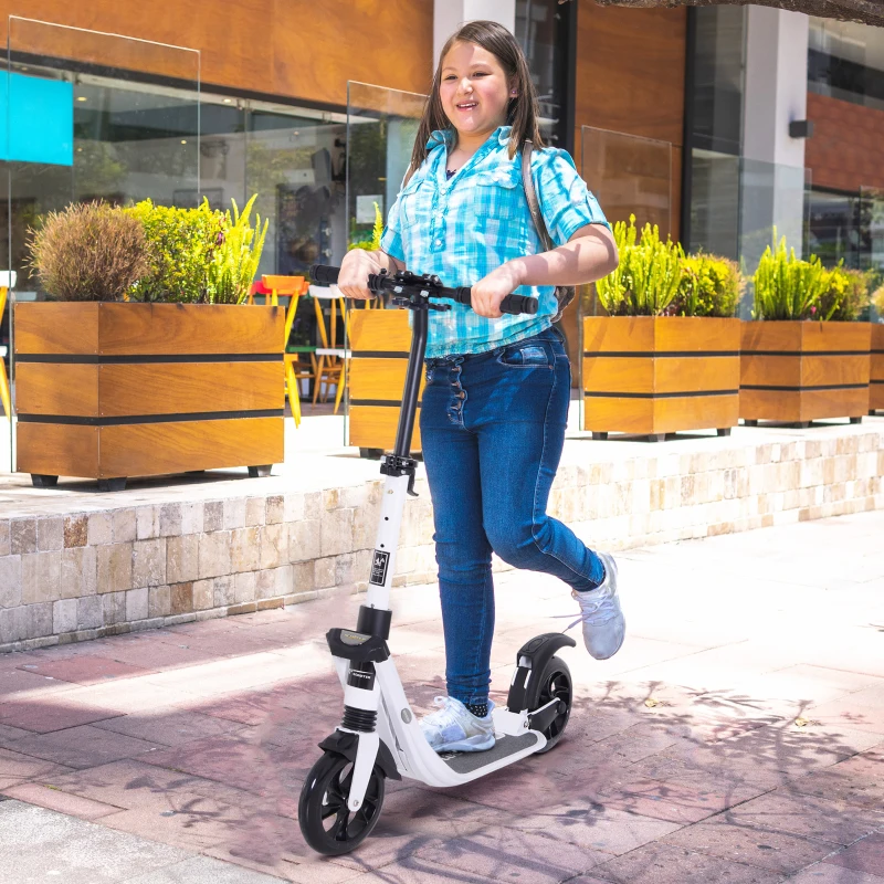 HOMCOM Patinete Plegable para Adultos y Niños +14 años Scooter Ligero con Manillar Altura Ajustable Tipo Monopatín con Freno Grandes Ruedas Ø200 mm Amortiguador Aluminio Carga 100 kg Blanco