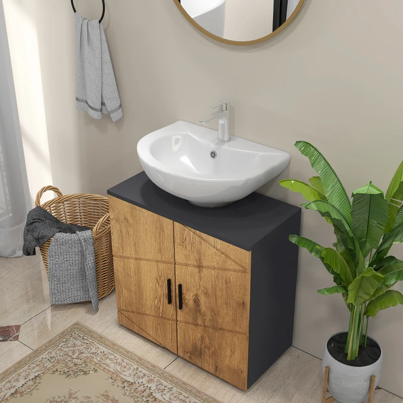 kleankin Meuble sous vasque lavabo meuble de salle de bain 2 portes avec étagère 60 x 30 x 60 cm gris anthracite et aspect bois