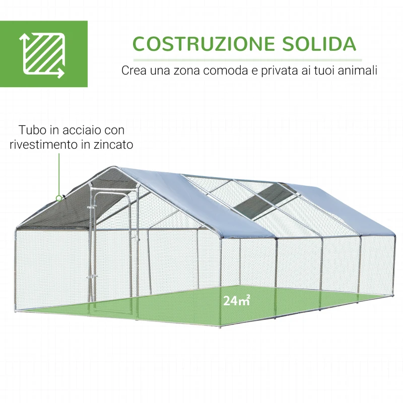 PawHut Pollaio per Galline in Metallo Zincato con Copertura Resistente Acqua e Raggi UV, 300x800x195cm