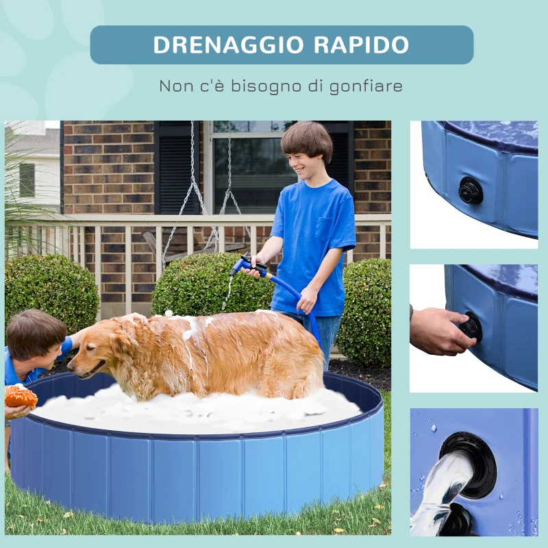 PawHut Piscina Vasca da Bagno Portatile Pieghevole per Cani Animali Domestici in PVC Φ140 x 30cm Azzurro
