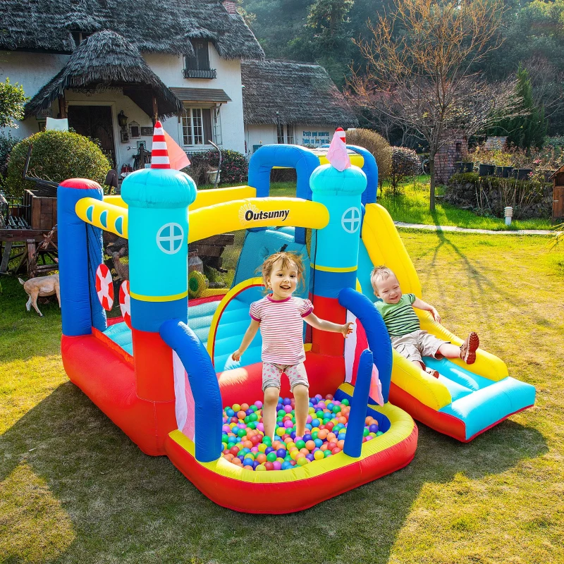 Outsunny Château Gonflable avec Toboggan Trampoline Piscine et Mur d'escalade jusqu'à 3 enfants +3 Ans avec souffleur 450W et Sac de Transport 265 x 260 x 200 cm Multicolore