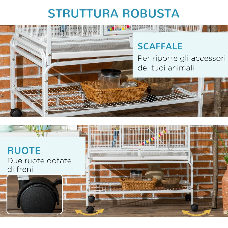 PawHut Gabbia per Uccelli in Acciaio e PP con Posatoi, Giochi, Contenitori per Cibo e Vassoio, 83x53x180 cm, Bianco