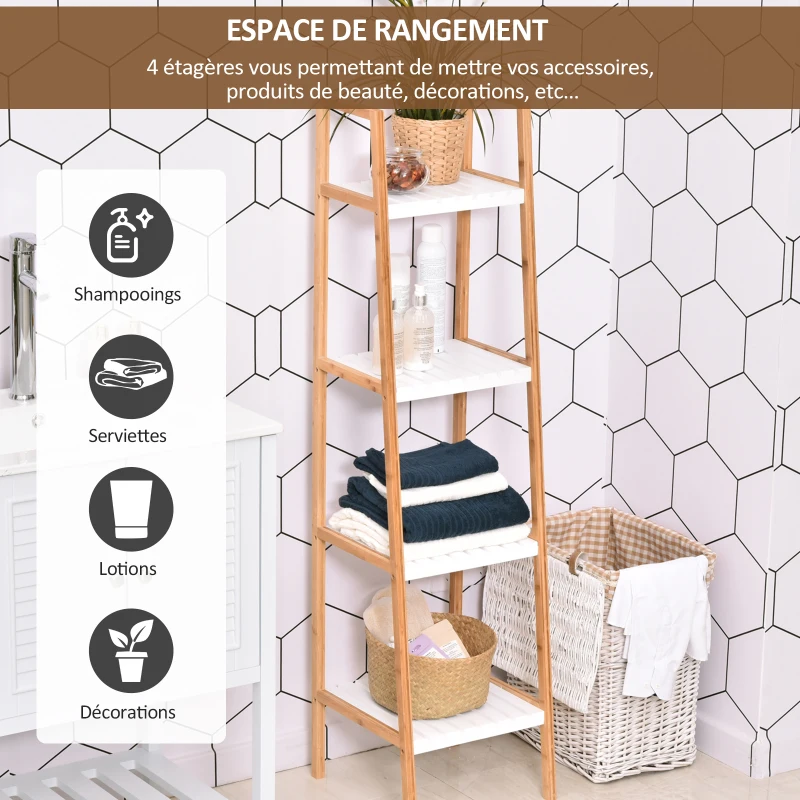 HOMCOM Etagère en Bambou de Salle de Bain 4 Niveaux à Lattes dim. 35L x 36l x 138H cm Bois pin Blanc