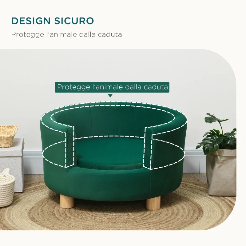 PawHut Divano per Cani Imbottito con Schienale e Cuscino Rimovibile, Cuccia per Gatto da Interno, 65x64x37 cm, Verde