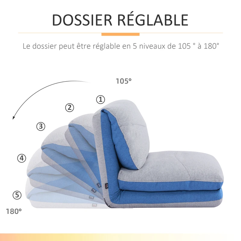 HOMCOM Chauffeuse - Matelas d'appoint Pliant - Fauteuil Convertible - Inclinaison Dossier réglable 5 Positions - Tissu Polyester Aspect Lin Gris Clair Bleu