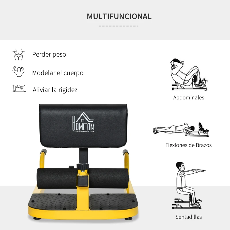 HOMCOM 3-en-1 Máquina Equipo de Sentadilla para Ejercicios Abdominales Tablero Supino Multifuncional Ayuda en Cuclillas Equipo Amarillo