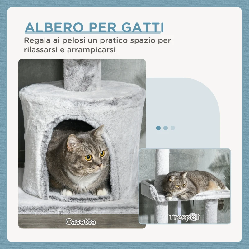 PawHut Albero Tiragraffi per Gatti a Soffitto con Piattaforme e Casetta, 60x40x225-255cm, Grigio