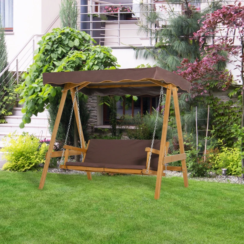 Outsunny 3 Seater Garden Swing Seat Outdoor Swing Chair with Adjustable Canopy, Wooden Hammock Bench with  Padded Cushions for Patio Yard, Brown