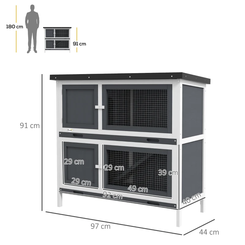 PawHut Conigliera a 2 Livelli in Lego di Abete e Bitume con Rampa, 2 Vassoi Estraibili 4 Porte, 97x44x91 cm, Grigio