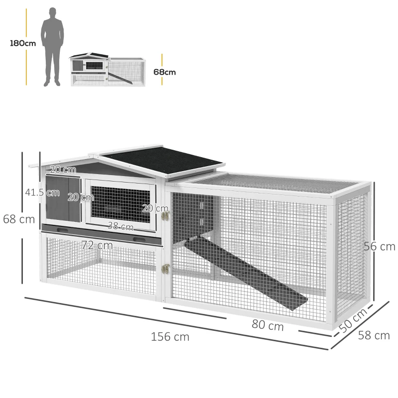 PawHut Rabbit Hutch with Run Wooden Guinea Pig Hutch Outdoor Bunny Cage Hide House with Sliding Tray, Hay Rack, Ramp, 156 x 58 x 68cm, Grey