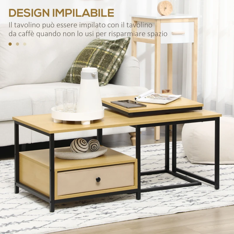 HOMCOM Set da 2 pezzi con Tavolino da Caffè e Tavolino laterale a C in Acciaio e Truciolato, Color legno