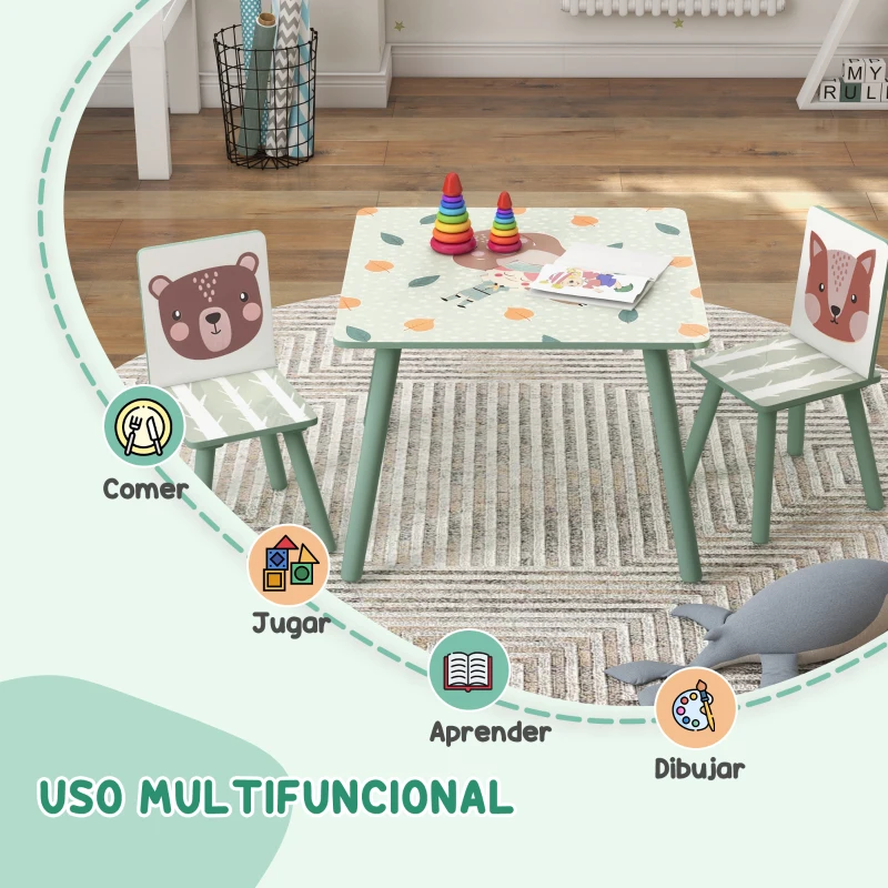 ZONEKIZ Set de Mesa y 2 Sillas Conjunto de Muebles Infantiles de 3 Piezas para Niños de +3 Años con Estampado Animales y Verde