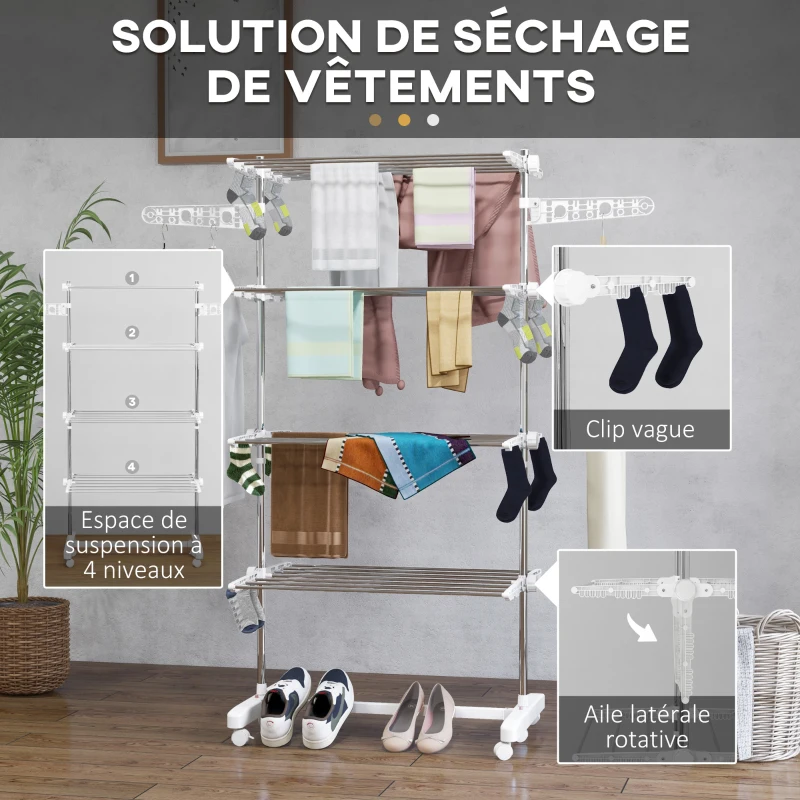 HOMCOM Séchoir à Linge étendoir pliable ailes latérales utilisation intérieure et extérieure 142 x 55 x 172 cm 4 niveaux