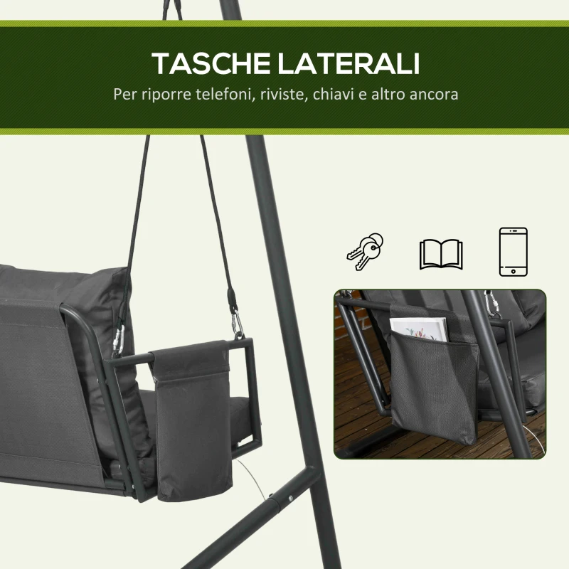 Outsunny Dondolo da Giardino 2 Posti con Cuscini e Tasche, in Acciaio e Textilene, 168x117x181 cm, Grigio Scuro