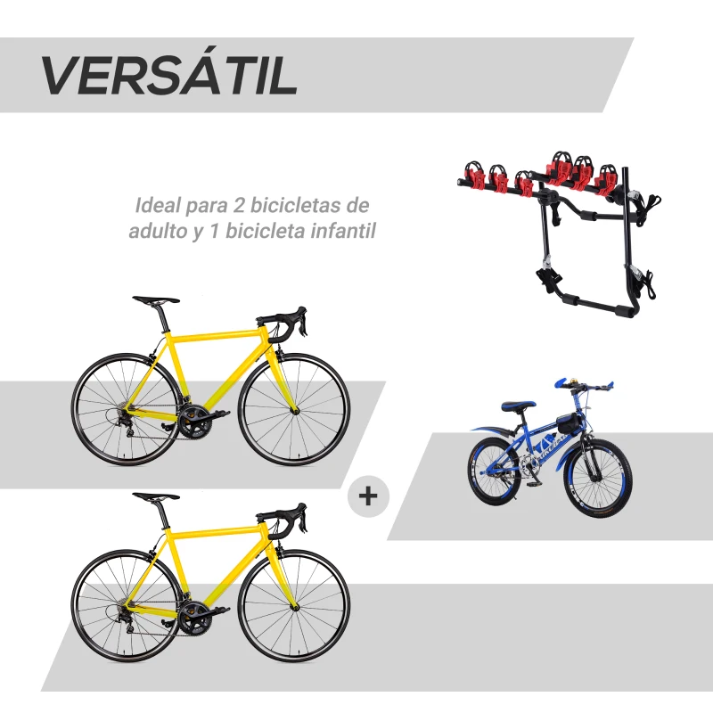 HOMCOM Portabicicletas Trasero Portón Plegable con Correas Hasta 3 Bicis Soporte de Bici Universal Carga 40kg 68x52x60cm Metal