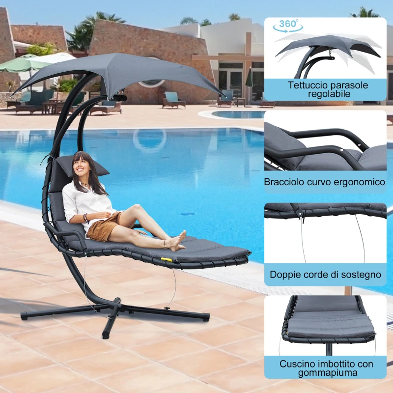 Outsunny Poltrona Sospesa da Giardino con Tettuccio Orientabile a Protezione UV, Sedia a Dondolo Sospesa Imbottito per Esterno, Grigio Scuro 190x115x190 cm