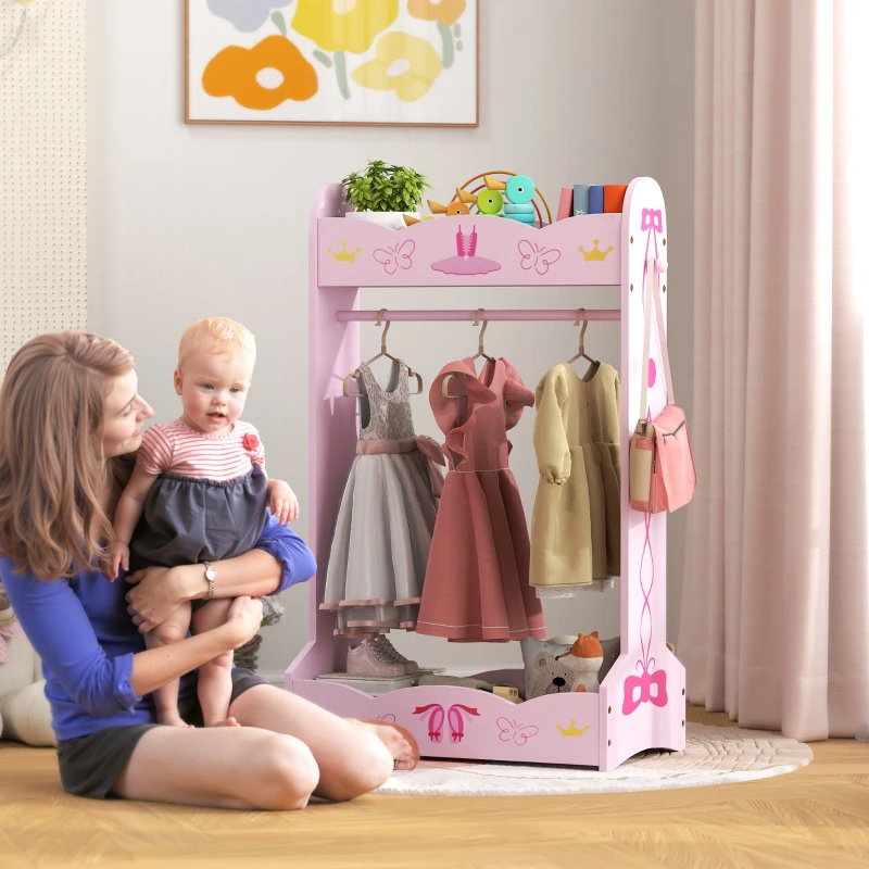 AIYAPLAY Kids Clothes Rail with Two Shelves, for 3-8 Years, Pink