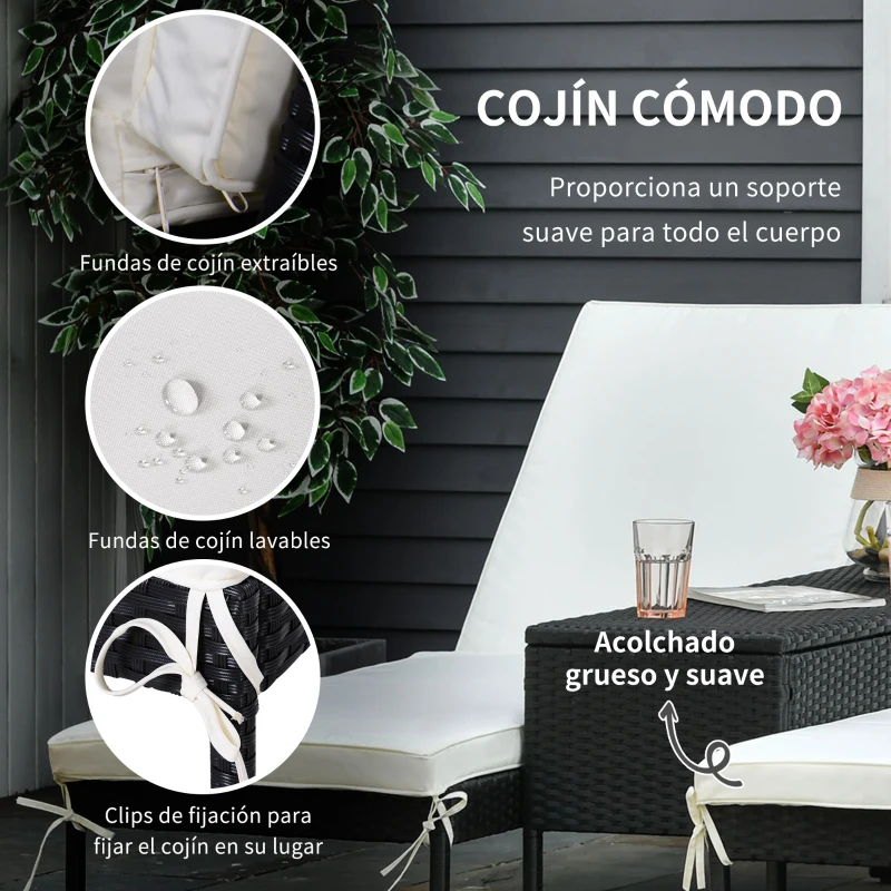 Outsunny Conjunto de 2 Tumbonas de Jardín con Cojines Acolchados Ratán con Mesa Auxiliar para Piscina o Terraza Carga 160 kg 195x60x86 cm Acero Negro