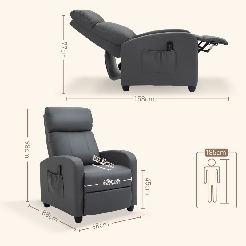 HOMCOM Recliner Armchair, Massage Faux Leather Push Back Reclining Chair with Adjustable Leg Rest, Side Pocket, for Home Living Room Theatre, Grey(m-3)