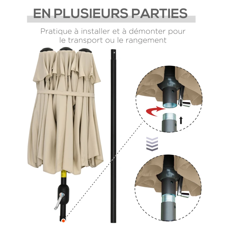 Outsunny Parasol de jardin double grande taille ouverture fermeture manivelle acier polyester 295 x 152 x 222 cm beige