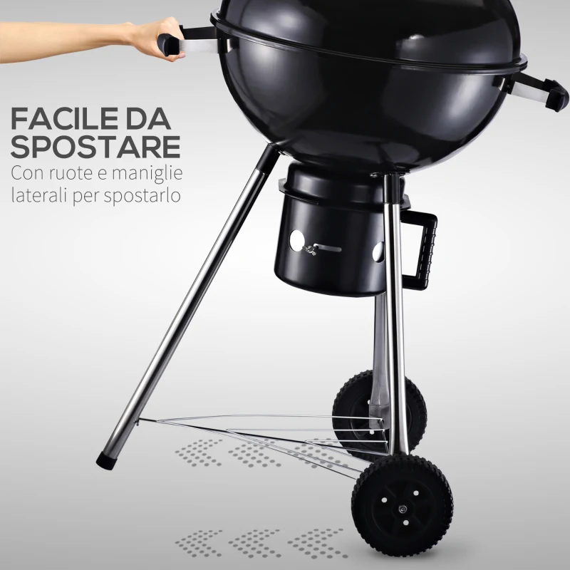Outsunny Barbecue in Ghisa con 2 Ruote e 2 Griglie | Coperchio con Termometro, Valvola e Ripiano Inferiore | 50x63x94cm