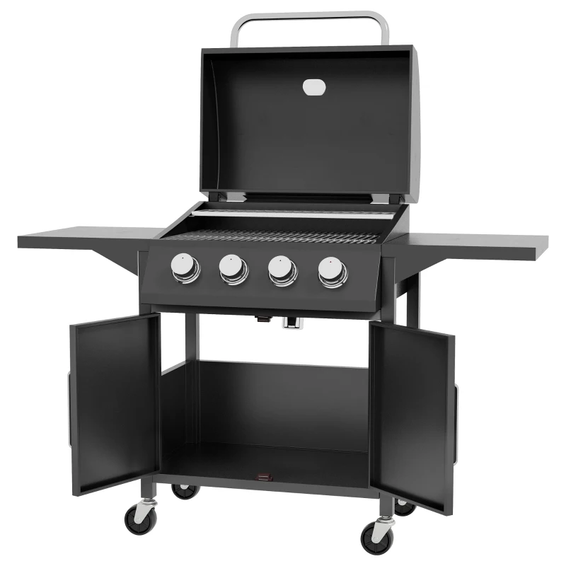 Outsunny 4 Burner Gas BBQ Grill Outdoor Portable Barbecue Trolley w/ Warming Rack, Side Shelves, Storage Cabinet, Thermometer