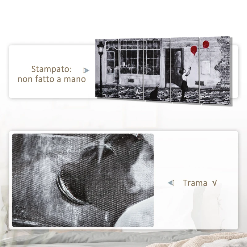 HOMCOM Stampa su Tela con Bambina, 80x40cm, 5 Pezzi per Casa e Ufficio, Tela in Legno di Pino e Vernice ad Acqua, Nero Bianco Rosso