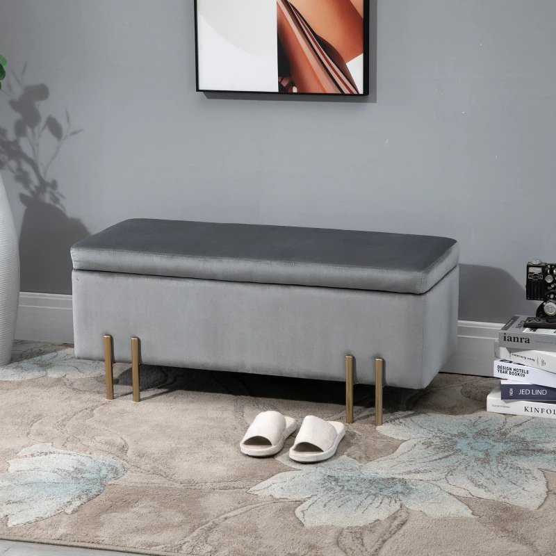 HOMCOM Banc de rangement coffre de rangement design contemporain- banc avec espace de stockage - dim. 100L x 40l x 42H cm - velours gris clair piètement métal doré