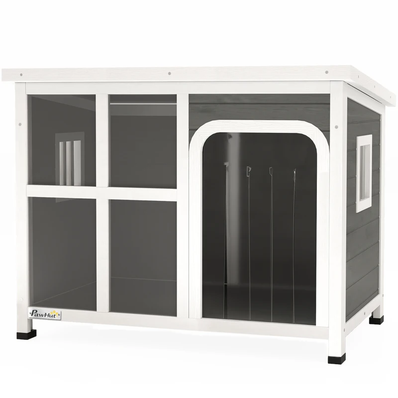 PawHut Wooden Outdoor Dog House with Asphalt Openable Top, Removable Floor, Clear Front Panel, Curtain, Light Grey