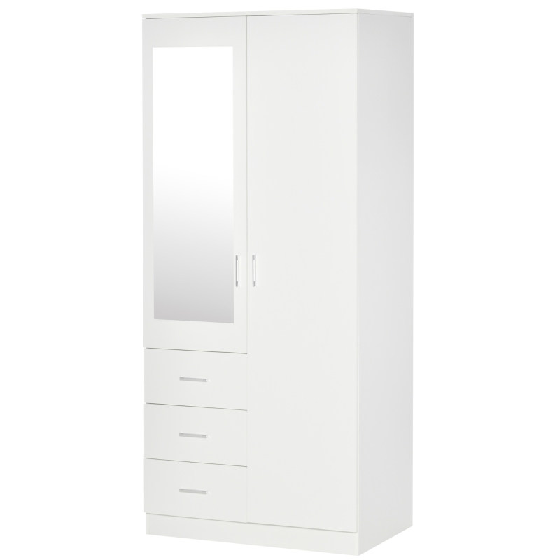 HOMCOM 2 Door 3 Drawer Mirrored Wardrobe with Hanging Rail, Modern Clothes Storage Cupboard with Mirror, Drawers and Adjustable Shelves for Bedroom, 80 x 50 x 180 cm, White
