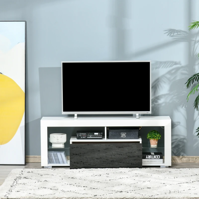 HOMCOM TV Unit, LED TV Stand Cabinet, High Gloss TV Table with Lights and Storage Shelf for 55 inch TVs for Living Room, Bedroom, Black and White
