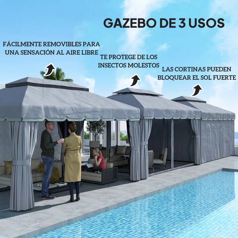 Outsunny Cenador para Jardín 4x3 m Pérgola de Jardín Gazebo con Doble Techo Paredes Laterales Anti-UV y Mosquiteras Gris